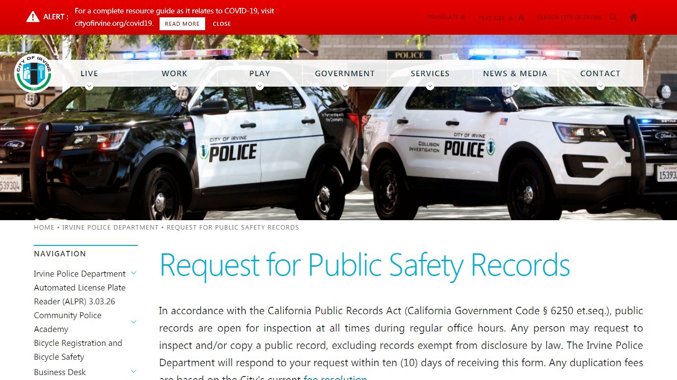 Request for Public Safety Records | City of Irvine