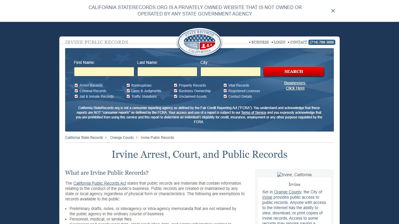 Irvine Arrest and Public Records | California.StateRecords.org