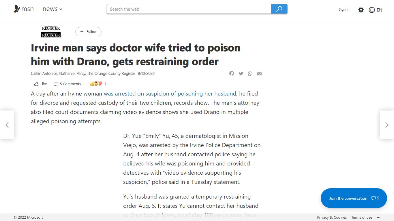 Irvine man says doctor wife tried to poison him with Drano, gets ...